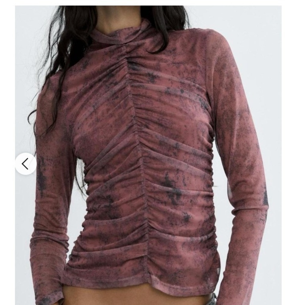 Zara Womens Ruched Mesh Mock Neck Long Sleeve Top Mauve Purple Acid Wash Large